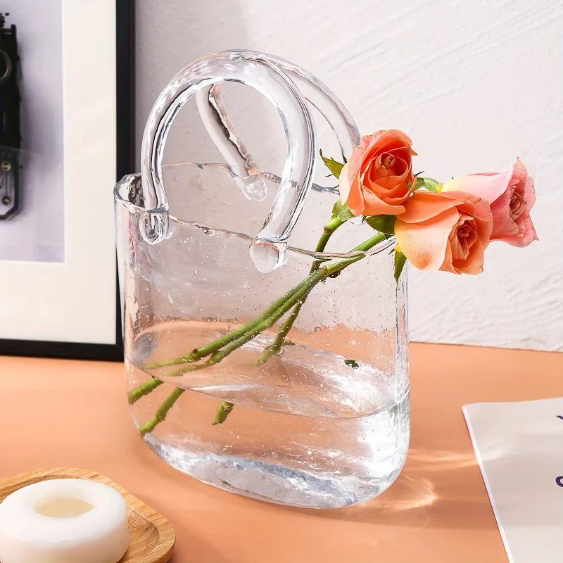 Glass Purse Vase for Flowers, Clear Bag Vase, Handbag Shaped Vase, Unique Decorative Vase for Mother's Day Home Decoration