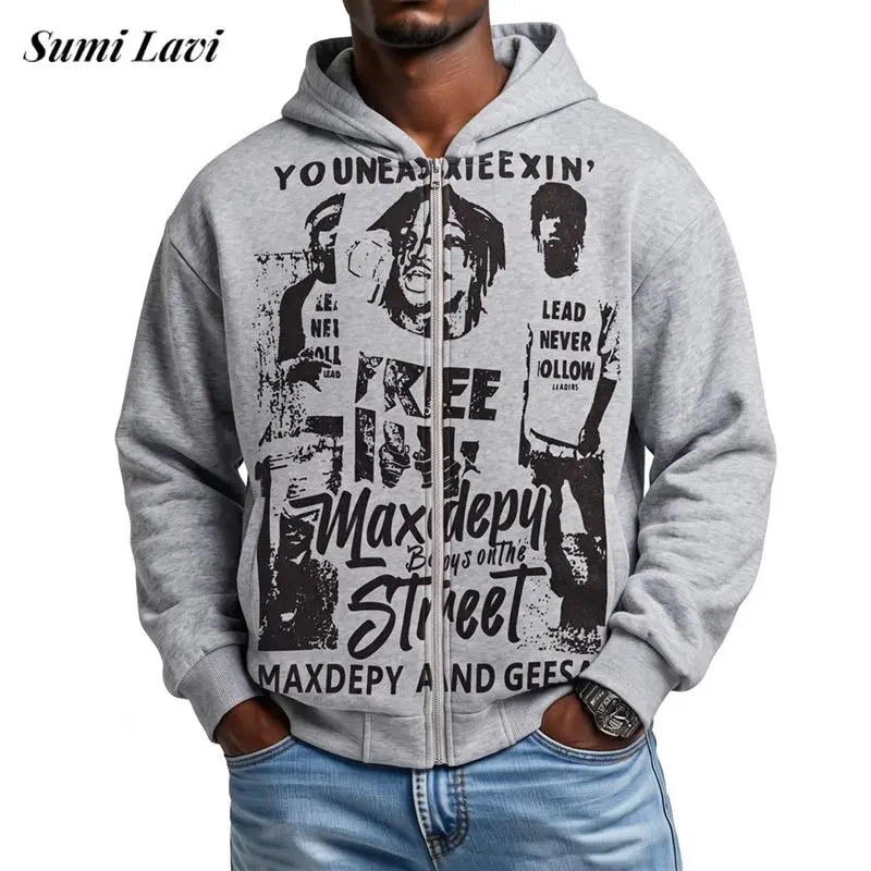 Fashionable Zipper Long Sleeve Tops Jackets For Male Mens 2026 Autumn Print Pattern Hoodie Outerwear Daily Outdoor Sport