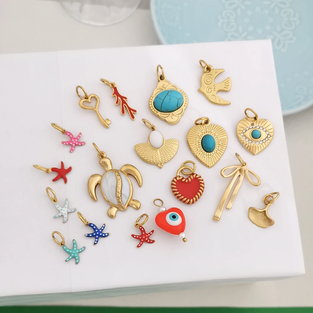 1pc Stainless Steel Pendant Charm Coral Turtle Natural Blue Stone Star Heart Bow Bird Gold Color Custom Necklace Wholesale QMHJE