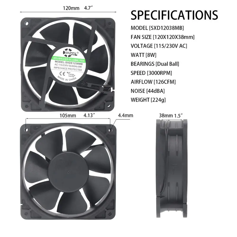 SXDOOL EC Motor Cooling Fan 120mm X 38mm AC 110V 115V 220V 230V Dual Ball 3000RPM 126CFM Powerful Computer Cabinets Axial Fans