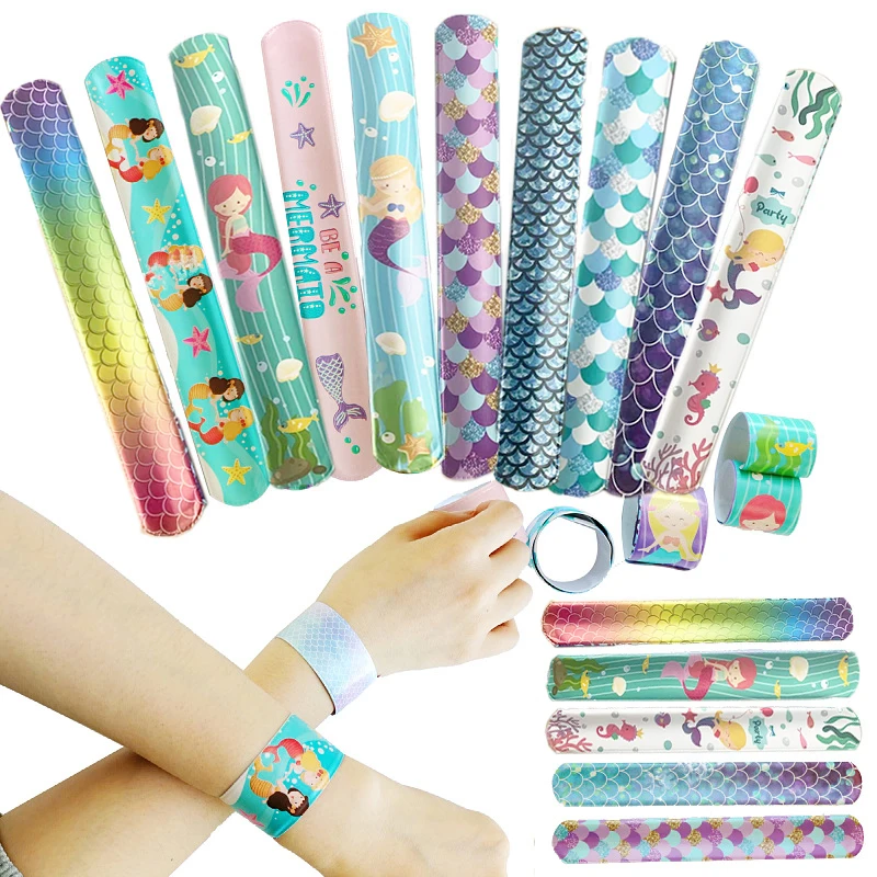 10pcs Mermaid Children Slap Bracelets Girl Mermaid Birthday Gift Under The Sea Happy Birthday Party Decor Kids Gir Guests Gifts