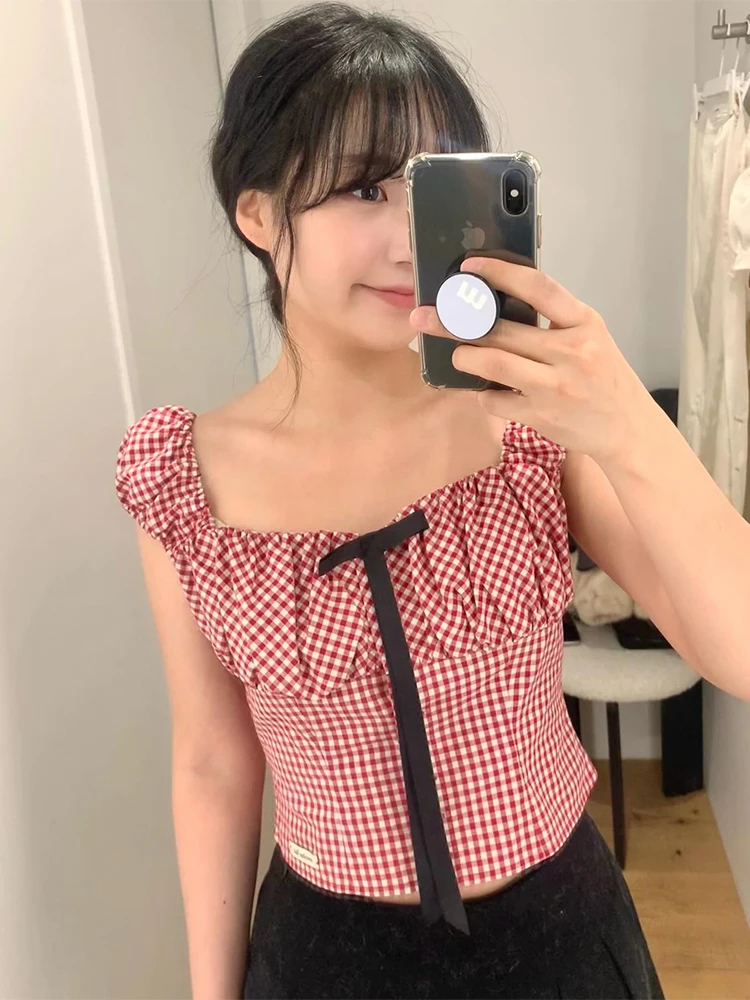 Casual Sle ort Svel irt for Women with  Knot Pure Cotton Plaid Design Summer New Arrival Red And White