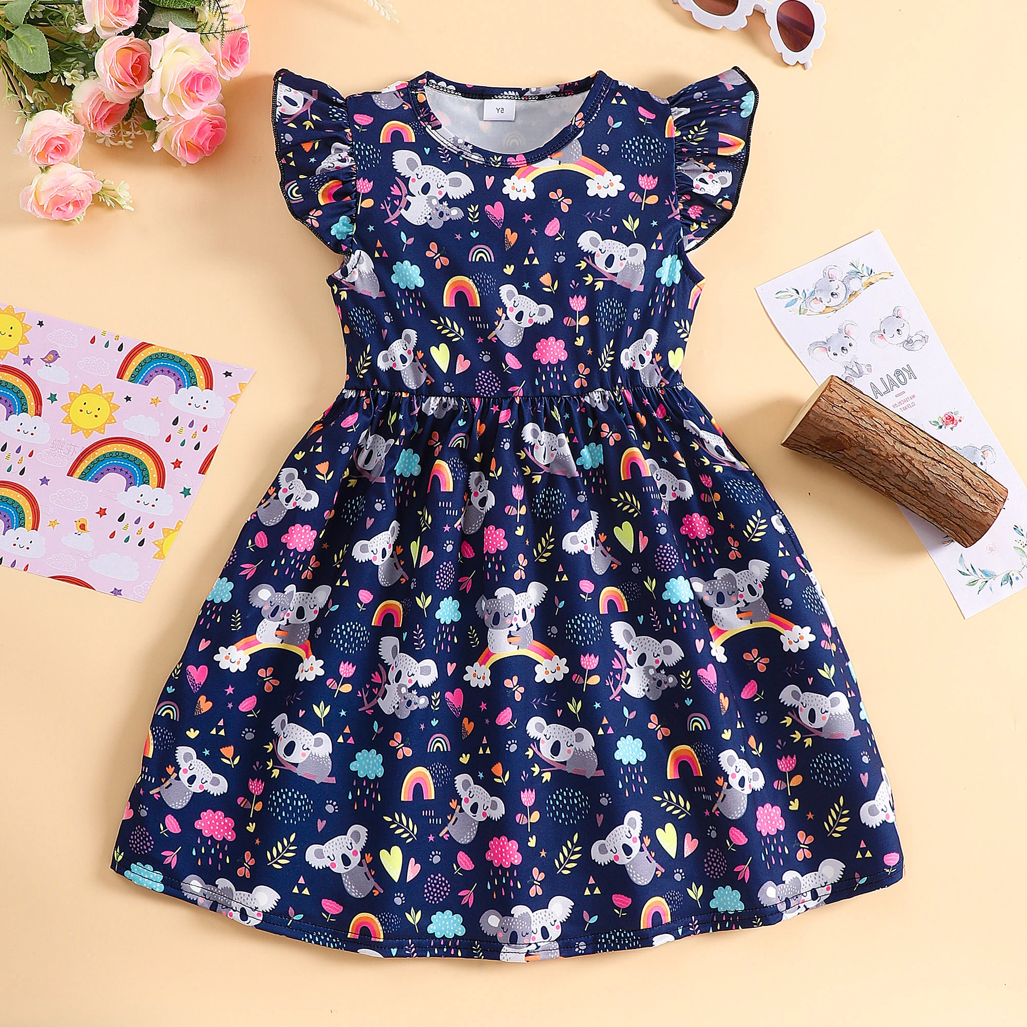 2024 Kid Girls Clothes Summer Short Sleeve Round Neck Cartoon Printing Cute Koala Children Dress Casual Sagging Fold Girls Dress