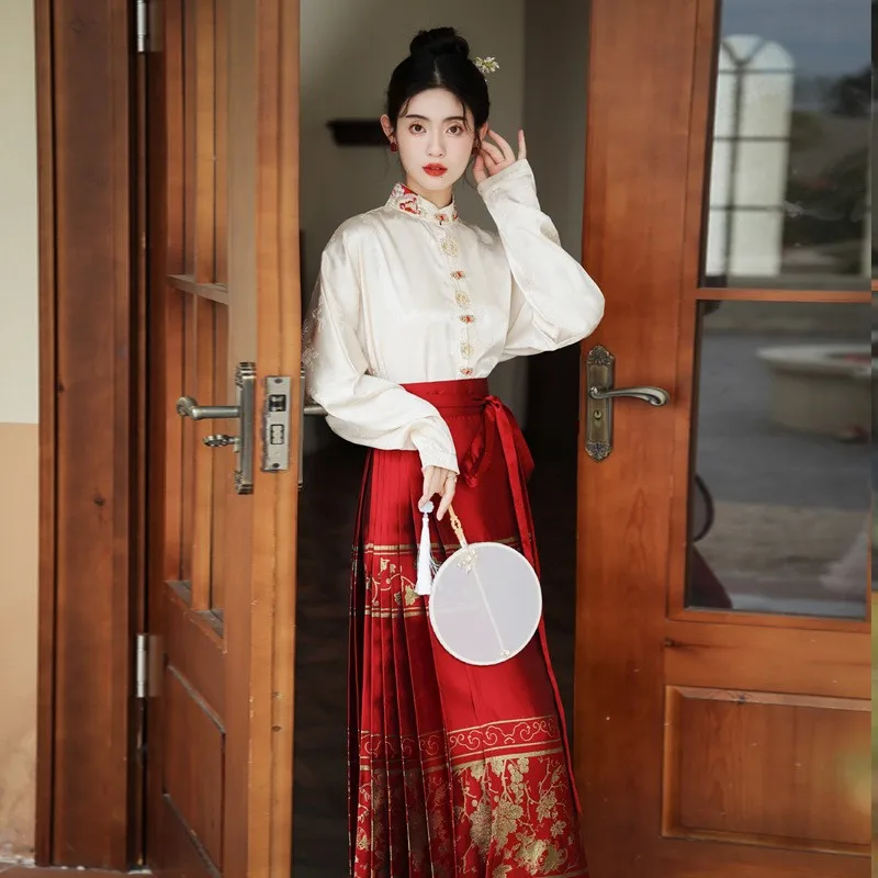 Красный комплект юбки Ming Dynas Sle с золотой вышивкой и хвостом, женский улучшенный традиционный китайский ханьфу для поездок на работу и...