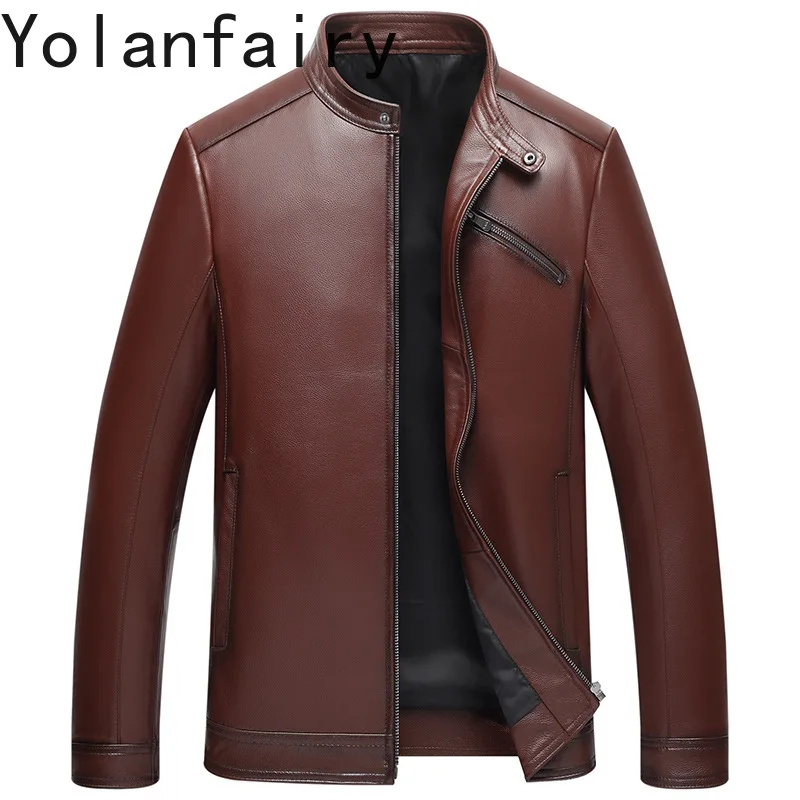 YOLANFAIRY Genuine Leather Cowhide Men's Clothing Spring Summer Thin Coats Stand Collar Motorcycle Jacket Saco Hombre Casual
