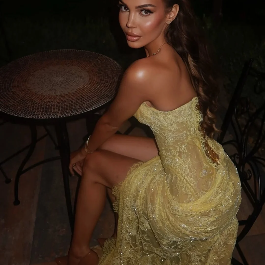 Sansa Customized Yellow Flowers Embroidery Prom Dresses Side Slit فساتين للمناسبات الخاصة Lace vestidos de image 4