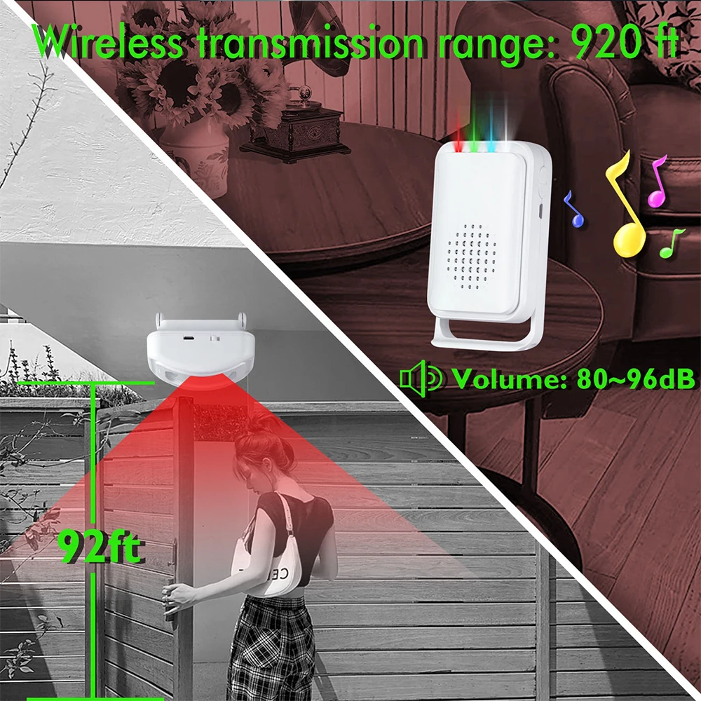 Wsdcam 웰컴 초인종 무선 PIR 모션 센서 감지기 보안 경보, 스마트 무선 문짝 벨, 진입 경고 시스템