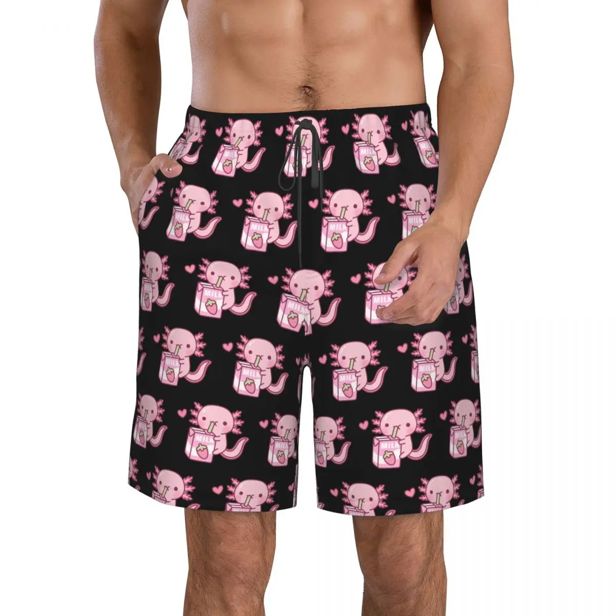Cute Axolotl Loves Strawberry Milk Doodle Trunks Beach Board Shorts Casual Quick Dry Swim Summer Men Pants