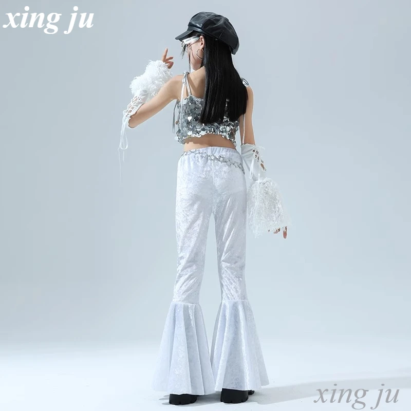 Children Jazz Dance Silver Sequined Sling Tops Girl Street White Tight Flared Trousers Kids Hip Hop Stage Performance Costume