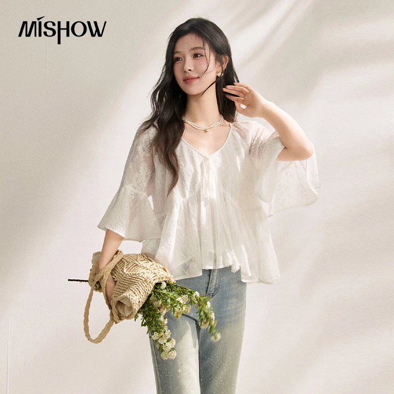 

MISHOW White French Lace Blouse Summer 2026 Trumpet Sleeves Lightweight Breathable Gentle Romantic Top For Women MXF22X2588