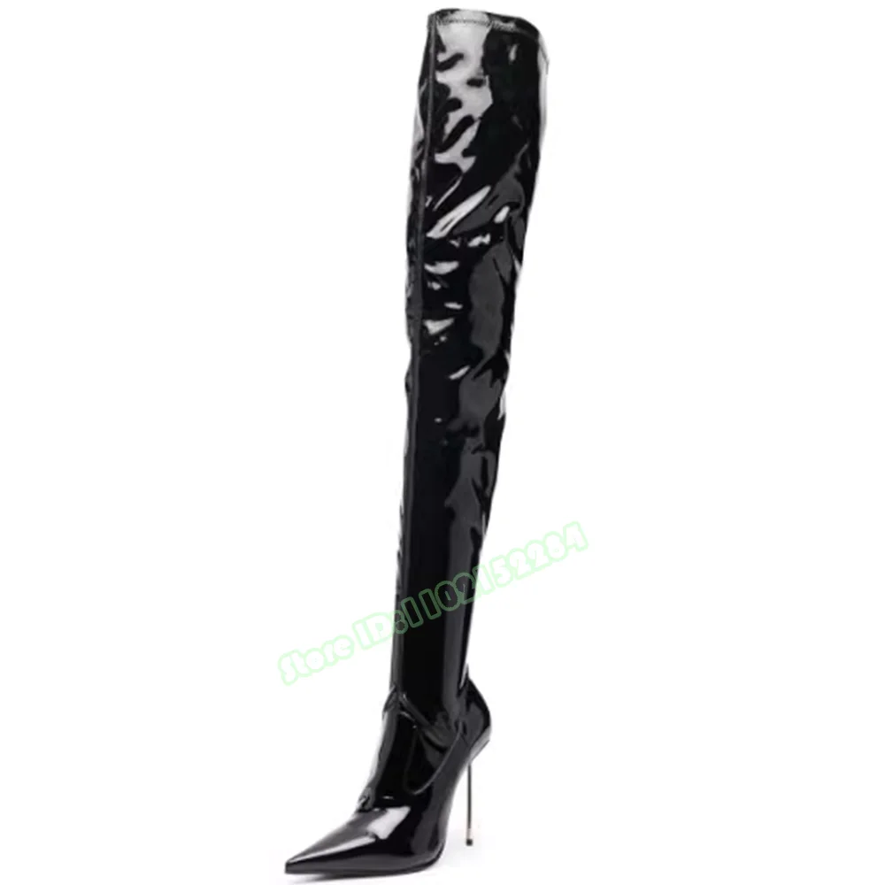 Patent Leather Elastic Boots Over The Knee Pointed Toe Metal Thin High Heels Solid Boots Women Sexy Spring Summer Casual Fitted