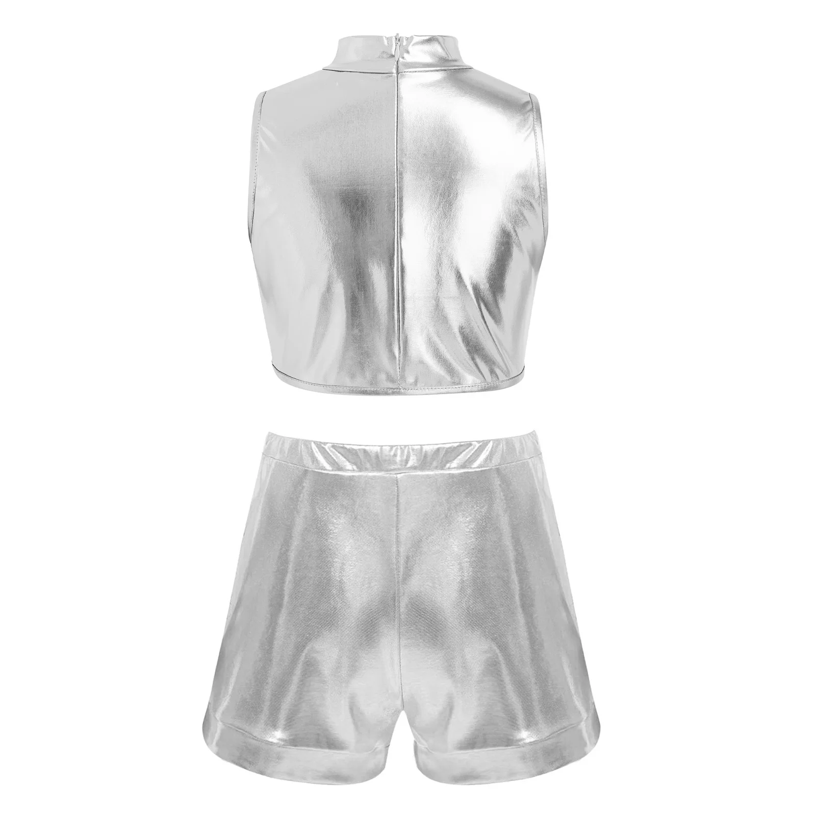 Kids Girls Disco Party Dancewear Sets Sequin Streetwear Metallic Hip Hop Jazz Dance Outfit Ruffles Crop Top with Shorts