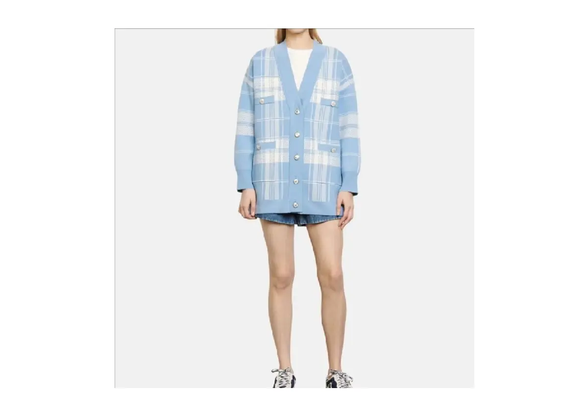 V-neck female buckle blue plaid cardigan long sleeve sweater autumn / winter knit loose oversize long jump casual 4