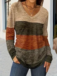 Stylish V-Neck Color block Striped T-Shirt Women's Casual Loose Pullover Spring Autumn Top