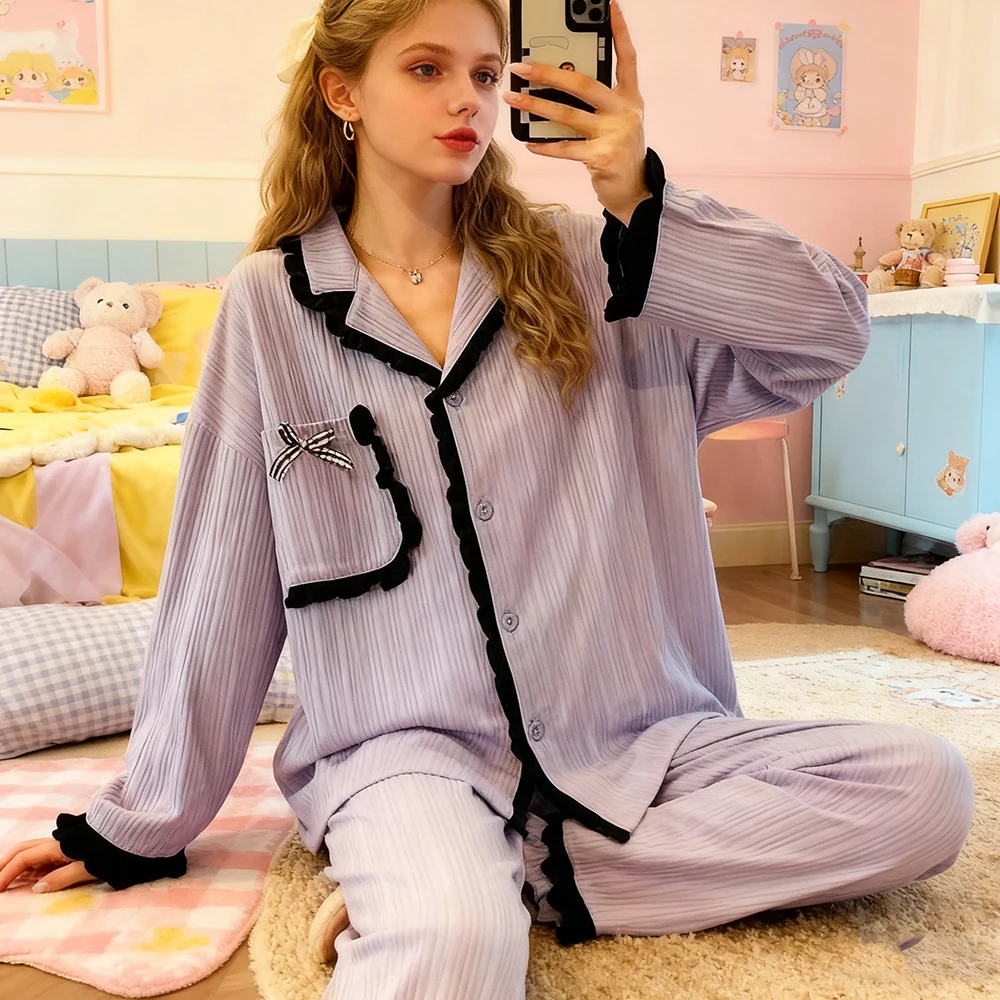 

Женский фиолетовый пижамный комплект больших размеров — мягкая одежда для сна из двух предметов с длинными рукавами, уютная одежда для дома