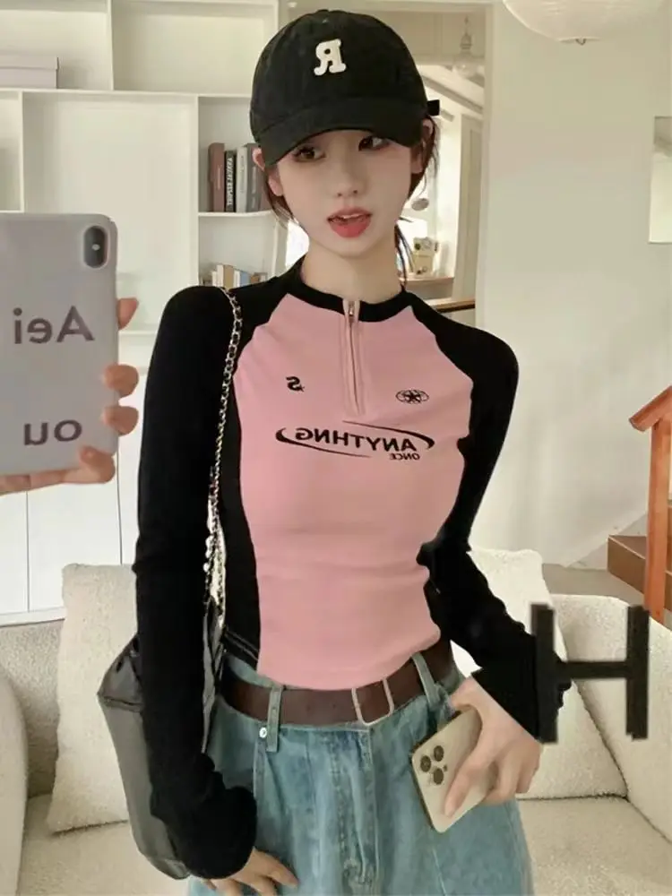 Frauen Langarm Sexy Slim Fit T Shirts Baumwolle Sport Zipper Crop Top Y2k Langarm Koreanische Harajuku Kpop Grafik Patchwork T – Detail 3