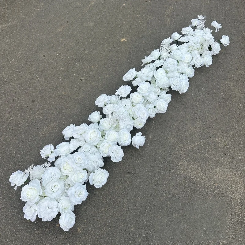 Künstlicher Tischläufer mit weißen und roten Rosen, Blumenreihe, Hochzeitstisch-Mittelstück, Blumenarrangement, Hochzeitskulisse, Bogen, Partydekoration – Detail 1