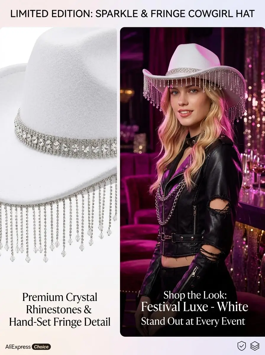 Sleek Solid Western Hat Diamond Strap Country Concert Apparel Curved Brim Cowboy Headwear Dazzling Event Party Accessories