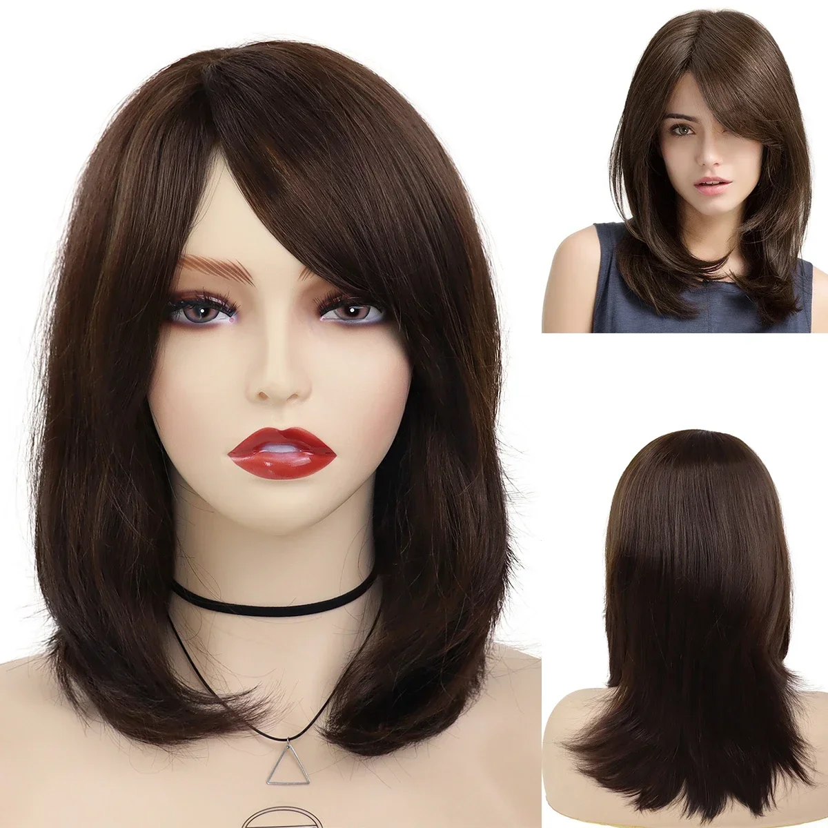 

GNIMEGIL Synthetic Brown Wigs with Bangs Natural Wig for Women Long Bobs Hairstyle Brown Hair Wigs Free Part Hairline Mommy Wig