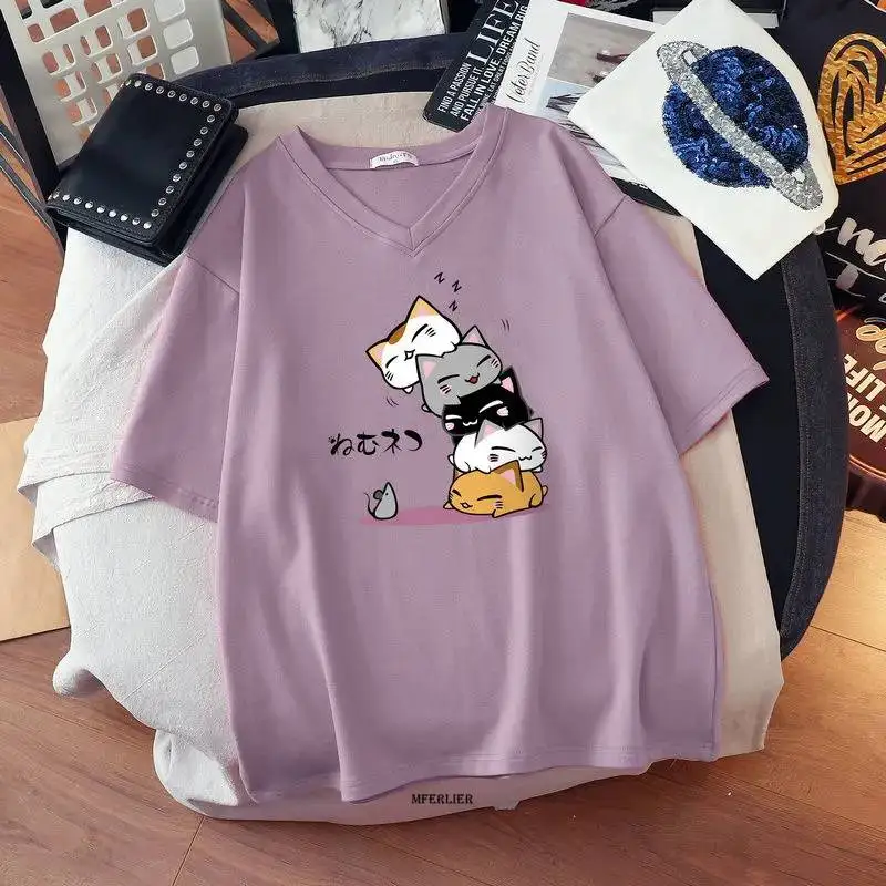 Camiseta de talla grande con estampado de gato para mujer, ropa de manga corta con cuello en V, 6XL, 150kg, camiseta estampada para mujer