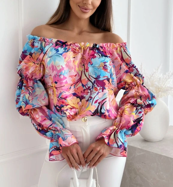 

Fashionable Summer New Long Sleeved Top with One Shoulder Printed Lantern Sleeves Shirt Top Backless Sexy Casual Top for Women