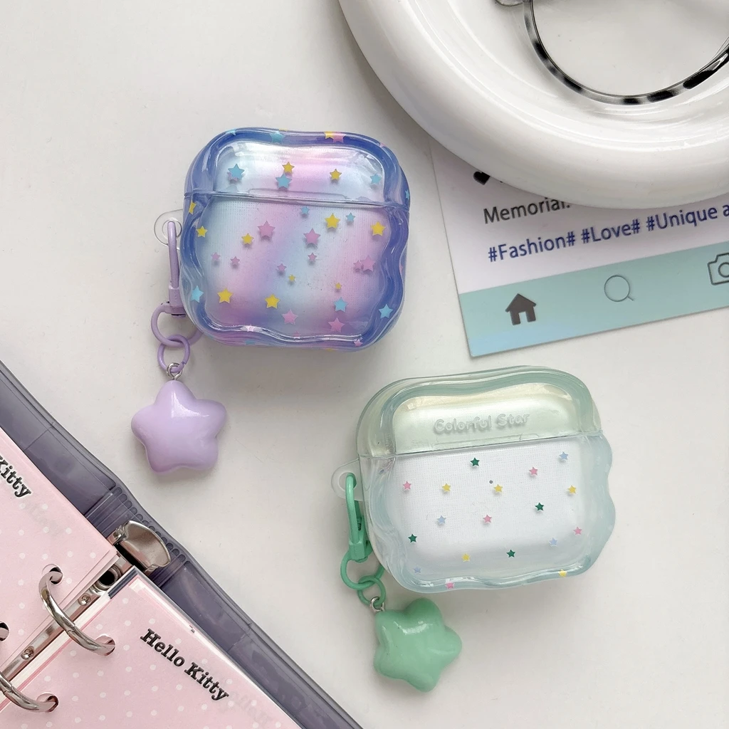Dopamine Gradient Colorful Little Star Wavy Edge With Pendant Shock Proof Earphone Cover Case for AirPods 1 or 2 3 4 5 Pro 2 3