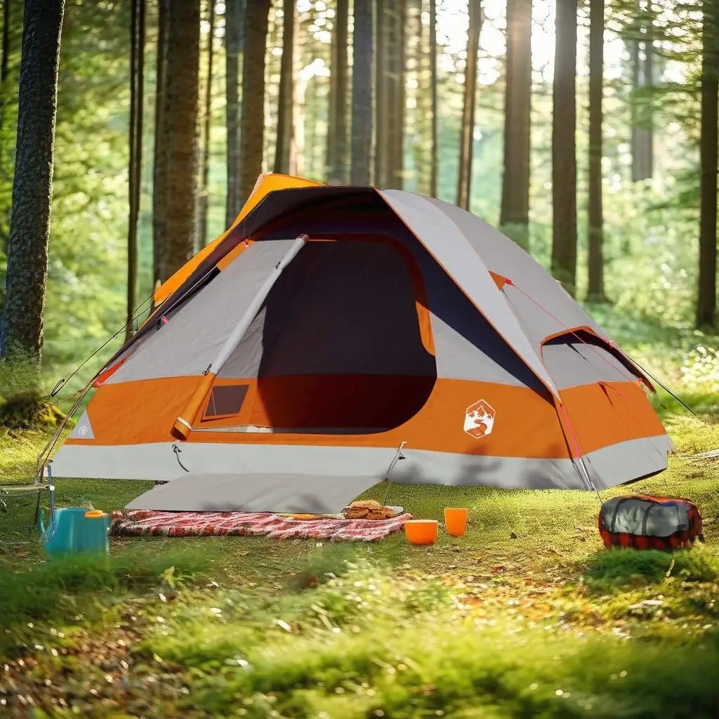 Waterproof 4-Person Grey & Orange Dome Camping Tent - Easy Setup & Durable Design