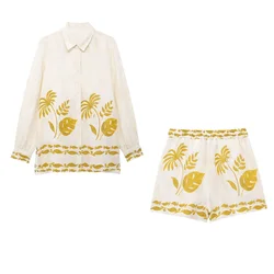 PB&ZA2024 Summer New Women's Wear European and American Style Polo Collar Long Sleeve Printed Shirt Shorts Set