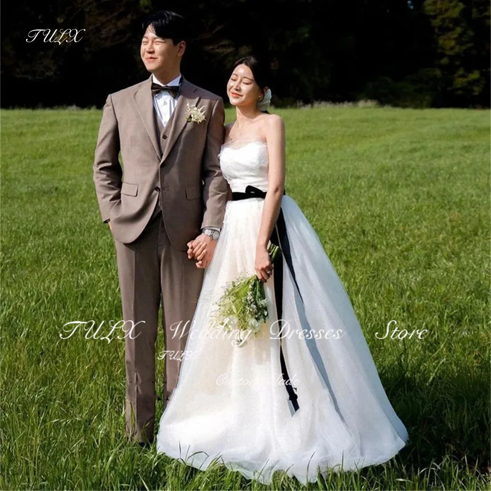 

TULX Korea Ivory Strapless Wedding Dresses 웨딩드레스 Sleeveless A-Line Tulle Corset Pretty Custom Made Bride Gowns Plus Size