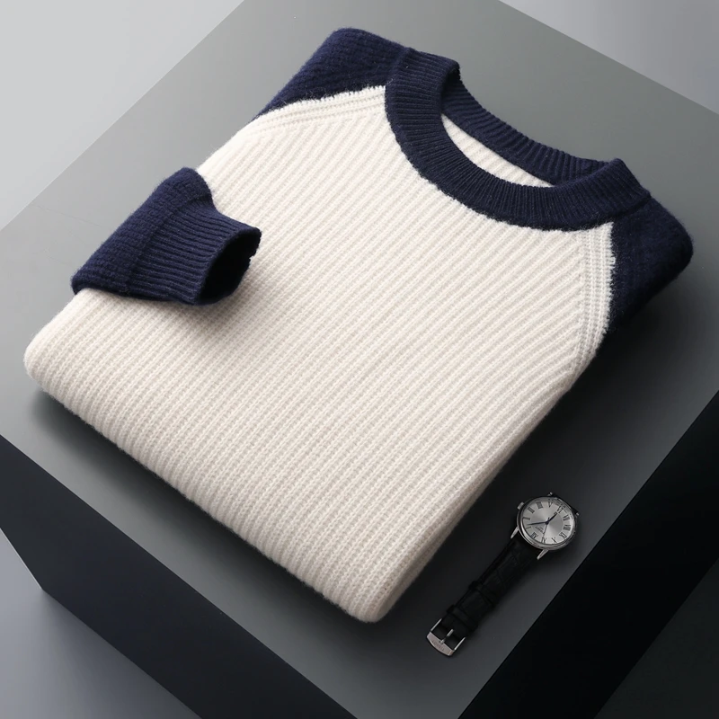 100% Merino Wool Men's O-neck Thickened Pullover Casual Loose Contrast Color Cashmere Sweater 2023 Autumn Winter Warm Underlay