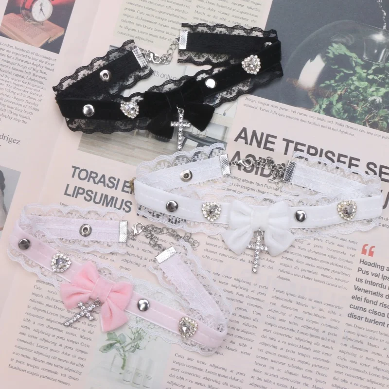 Sweet and Cute Lace Velvet Bow Necklace Rhinestone Cross Collar Necklace for Women's Jewelry