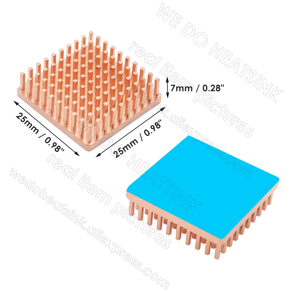 Copper 25x25x7mm Thick Base Pin Fins Heatsink Radiator Cooler With 3M 8810 Thermally Conductive Adhesive Heat Transfer Tape