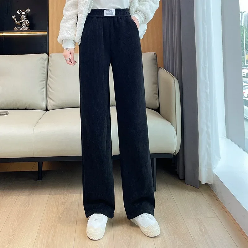 

Women Autumn/Winter Simplicity Trend Solid Color High Waist Appear Thin Fleece Wide Leg Women Clothes Fashion All-match Trousers