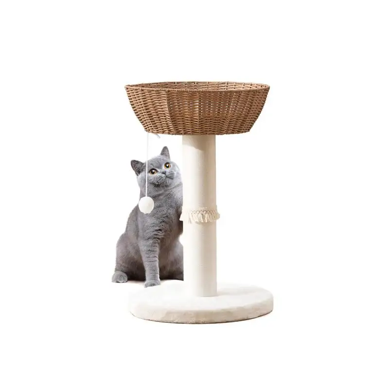 

Handwoven Cat Tree Tower - Natural Material Cat Condo with Nest Basket Bed, Cotton Scratching Post, Hanging Toy Ball &