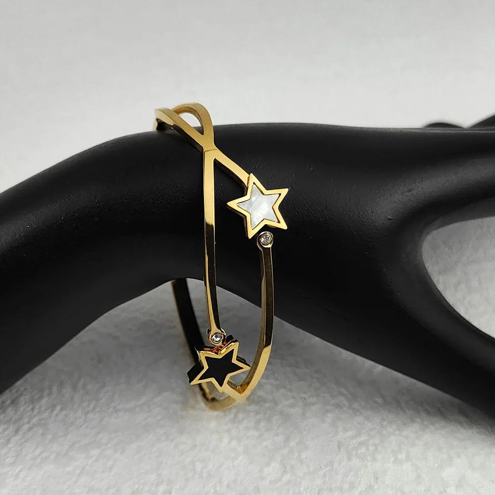 Fashion Black and White Star Zircon Bangles for Women Gold Stainless Steel Jewelry Bracelet Valentine's Day Gift for Girlfriend