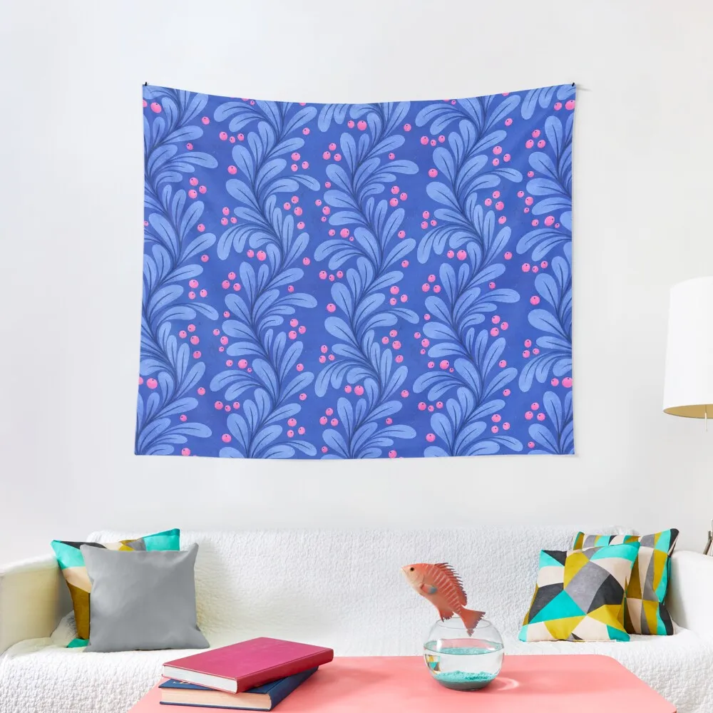 

Cobalt Blue Leaves and Hot Pink Berries Tapestry Aesthetic Room Decoration Decorative Wall Mural Living Room Decoration Tapestry