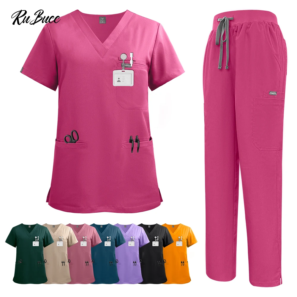 

Pure Color Medical Uniform Women Dental Hospital Doctor Work Suit Short Sleeve Pet Veterinary Scrub Clothes Spa Service Overalls