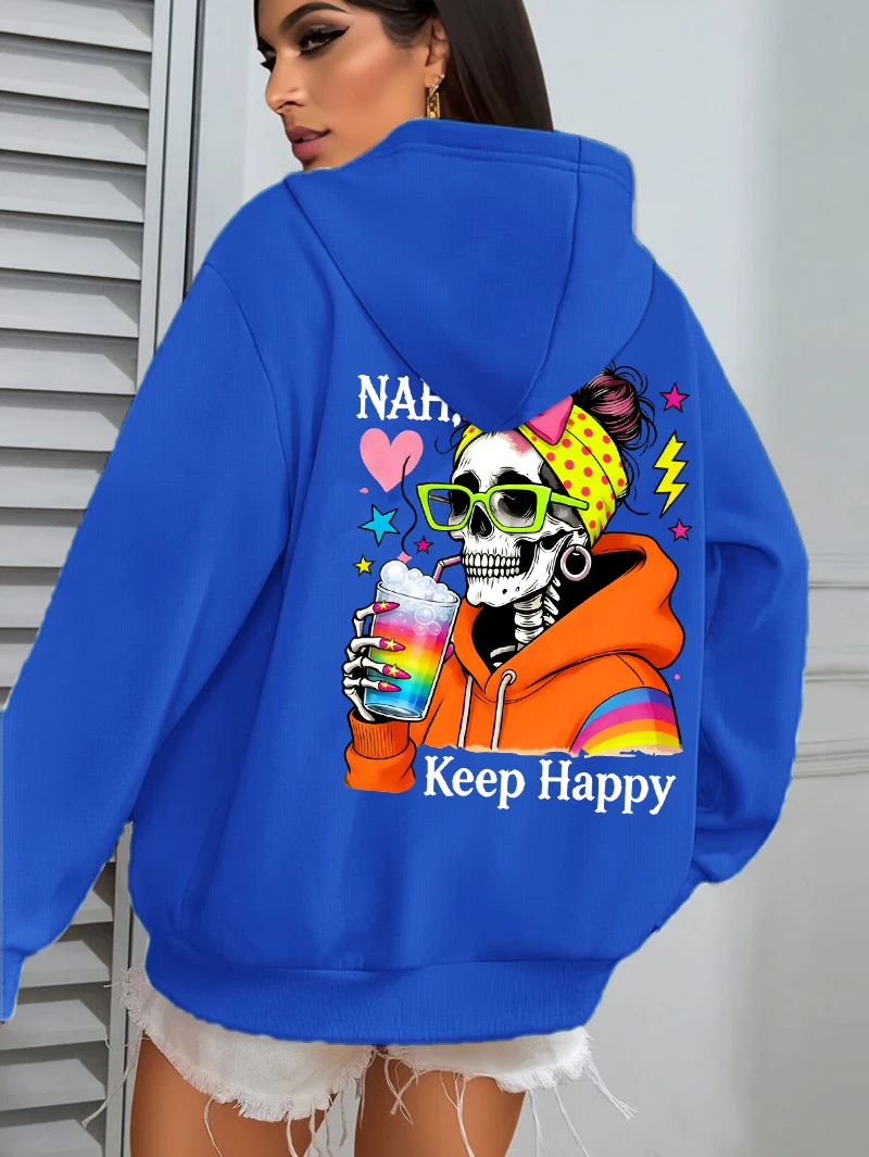 Houd Happy Drinks Kleurrijke Schedels Print Vrouwen Hoodie Herfst Losse Hoodies Mode Y2K Streetwear Fleece Pocket Jogging Hoody
