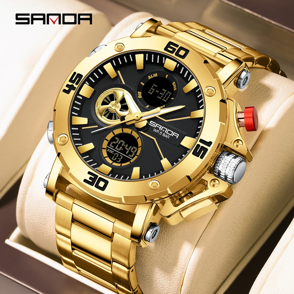 SANDA 3350 Luxury Men's Electronic Watch Outdoor Sports Multi functional Waterproof LED Dual Display Men's Electronic Watch