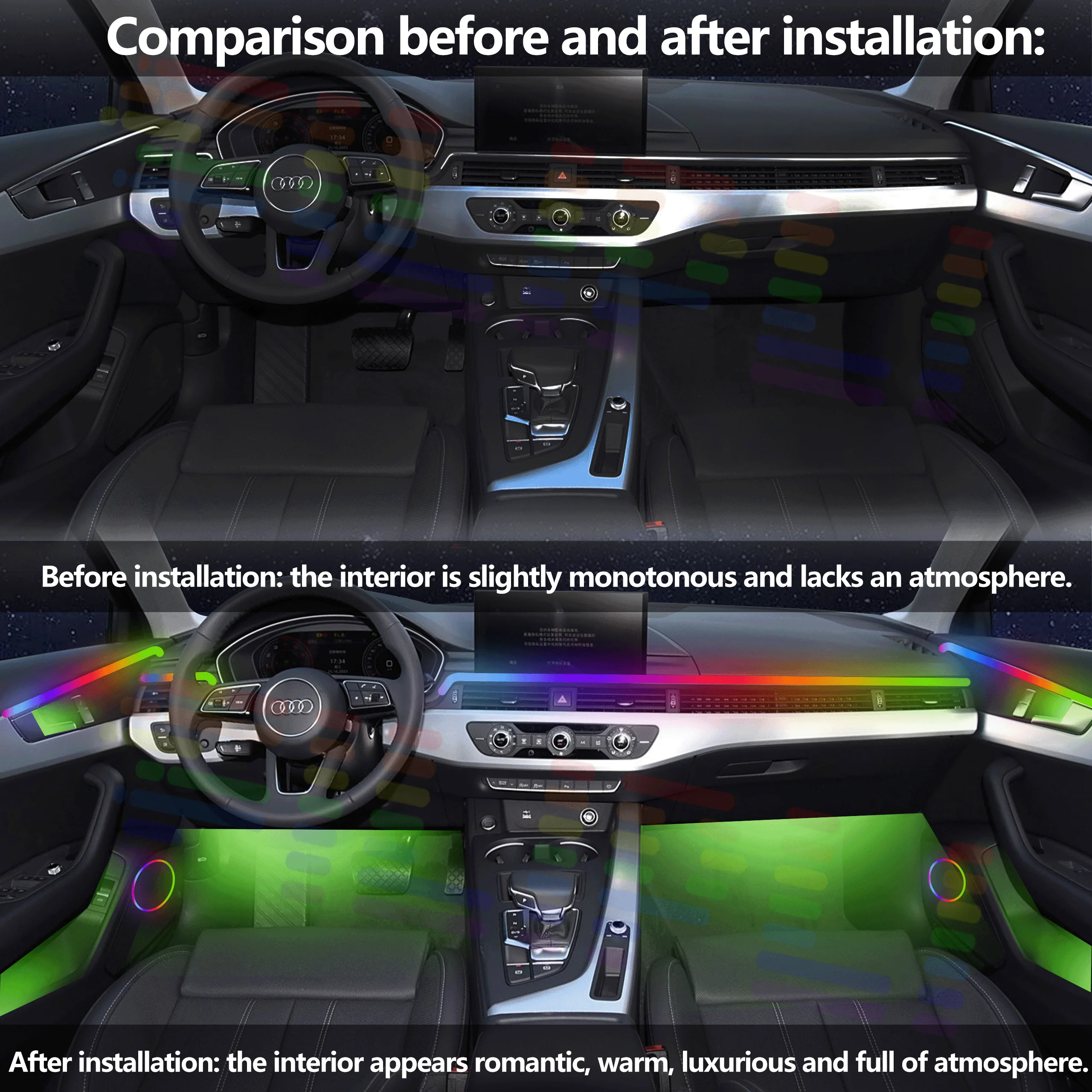 For Audi A4 B9 2020-2022 Decoration Atmosphere Lamp 64 Color RGB Symphony car Ambient Light Interior Acrylic Guide LED Strip