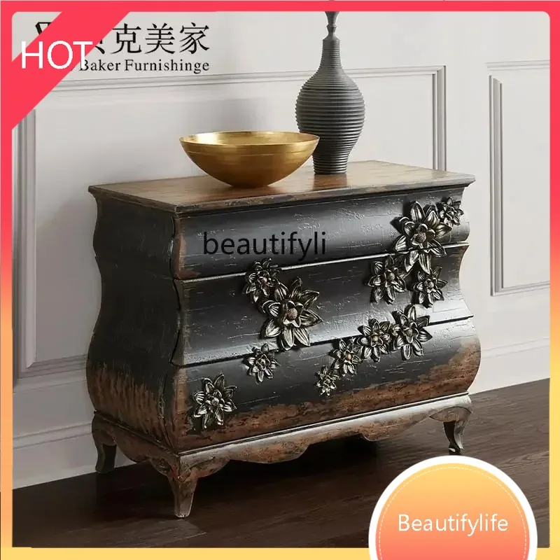 

A8076 Carved classic black shabby American bedside table retro solid wood porch decorative cabinet