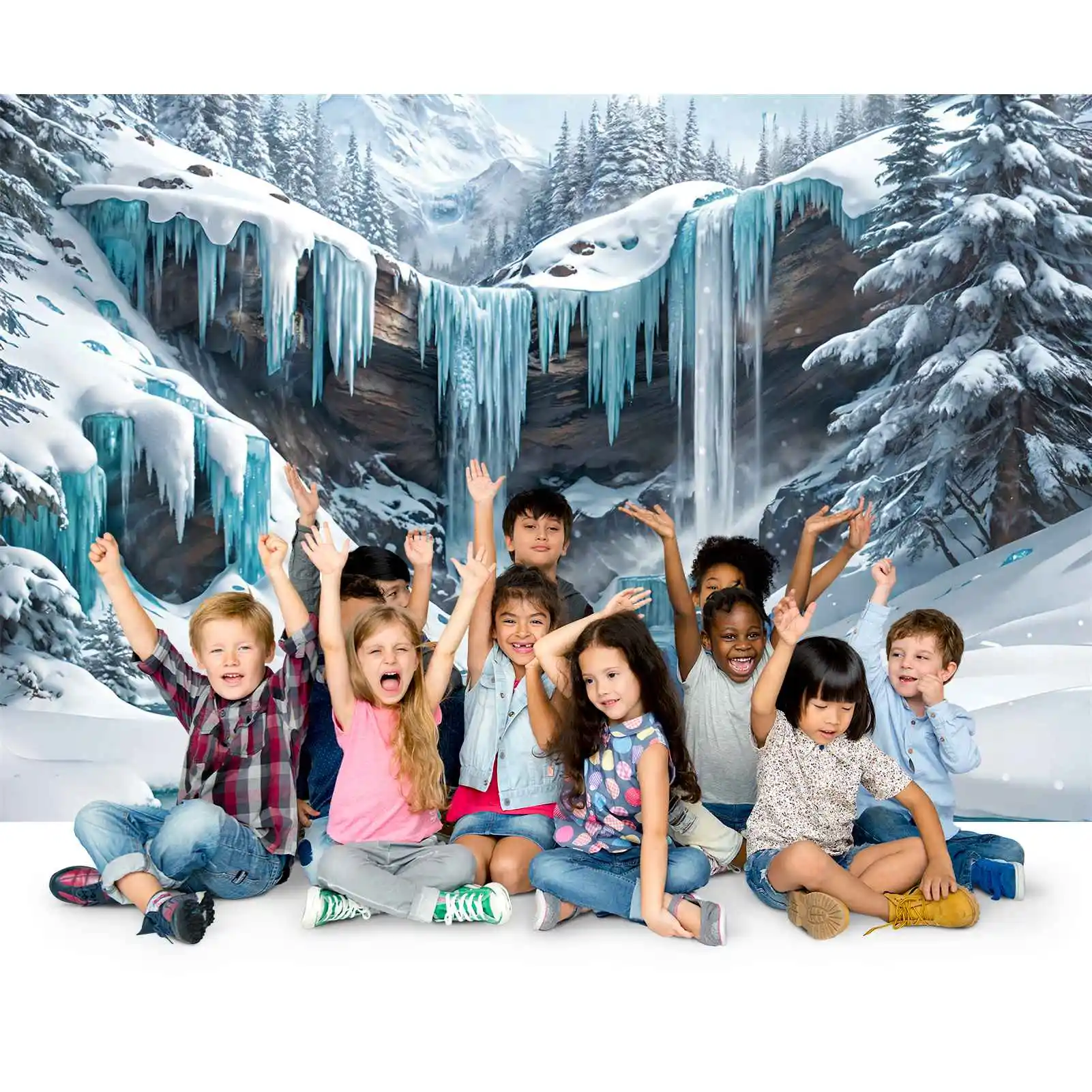 Telones de fondo de cascada congelada para niños, fondos fotográficos personalizados, paisaje azul, banderines