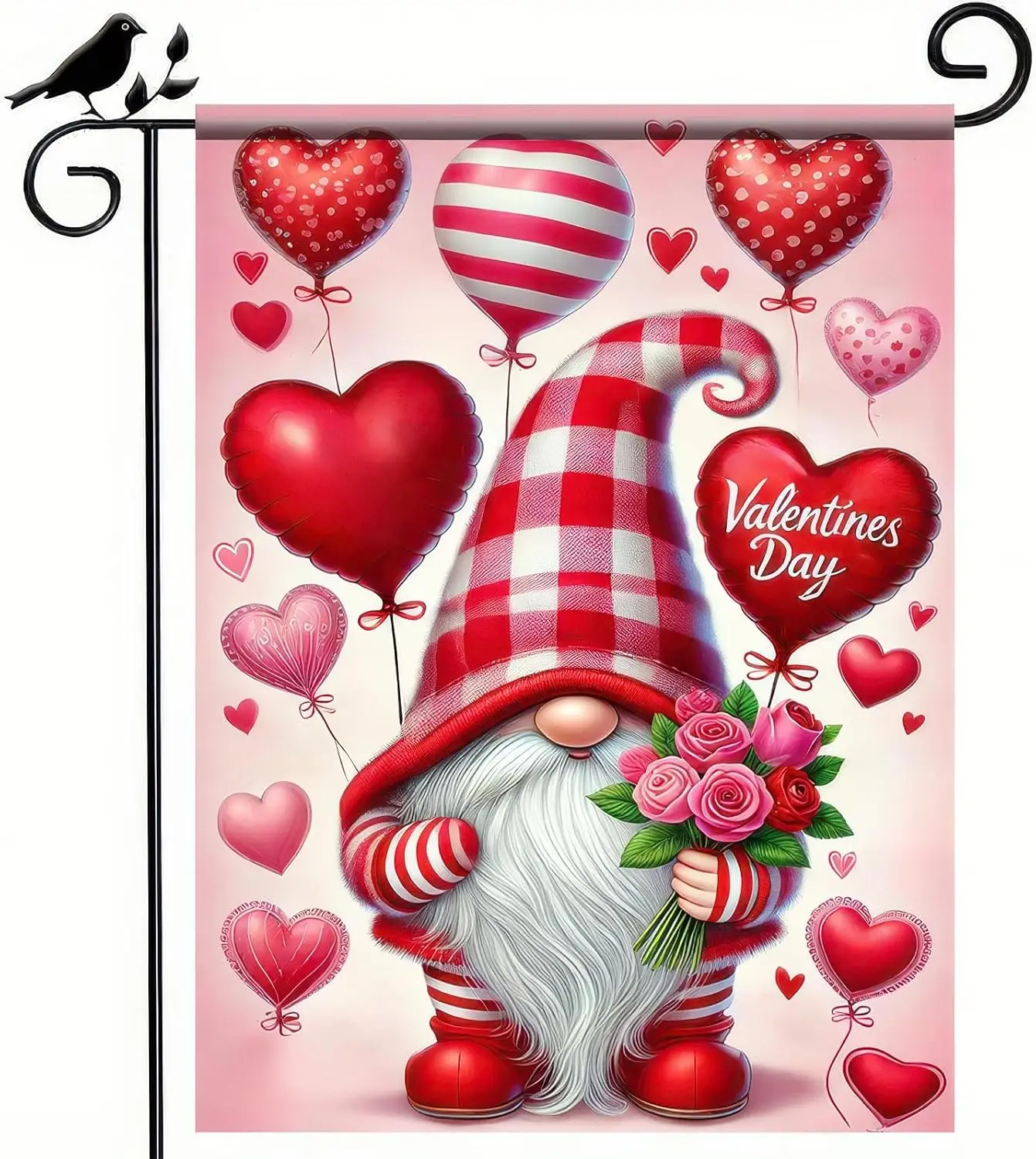 BlissYard Valentine’s Day Gnome Heart Garden Flag 12x18 Inch Double Sided Cute Gnome with Roses Design Small Outdoor Yard Fl jjp