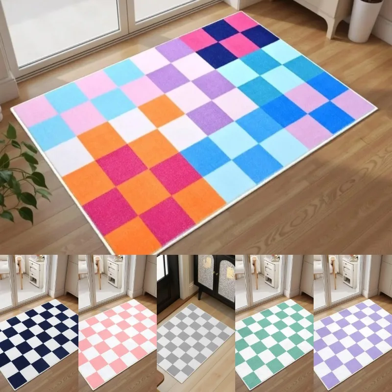 Colorful Checkerboard Pattern Doormat Multi Color Square Design Non Slip Waterproof Entrance Mat for Modern Home Decor