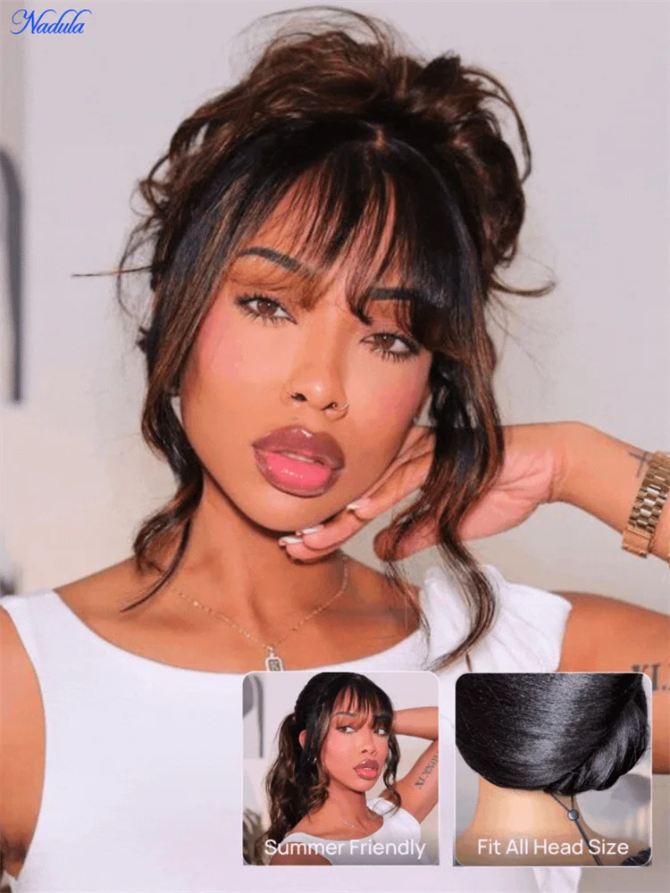 

Nadula Balayage Brown Bangs Glueless Human Hair Wig Body Wave 13x4 Ear to Ear Pre Cut Lace Frontal Human Hair Wig Ready to Wear