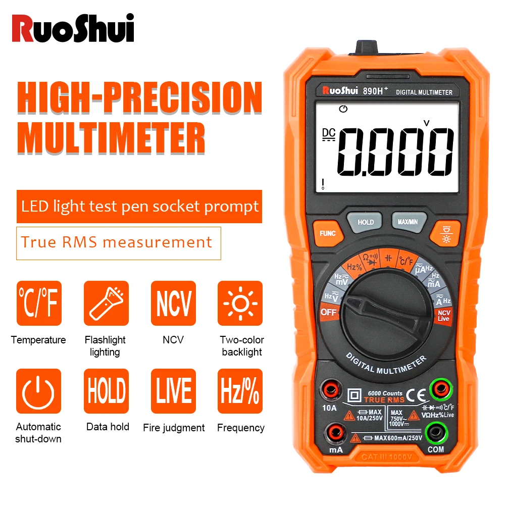RuoSh Digital Multimeter Tester 6000 Counts 1000V DC AC Voltmeter and Ohm Volt Amp Auto Ranging Meter NCV Meter Tool 890H+