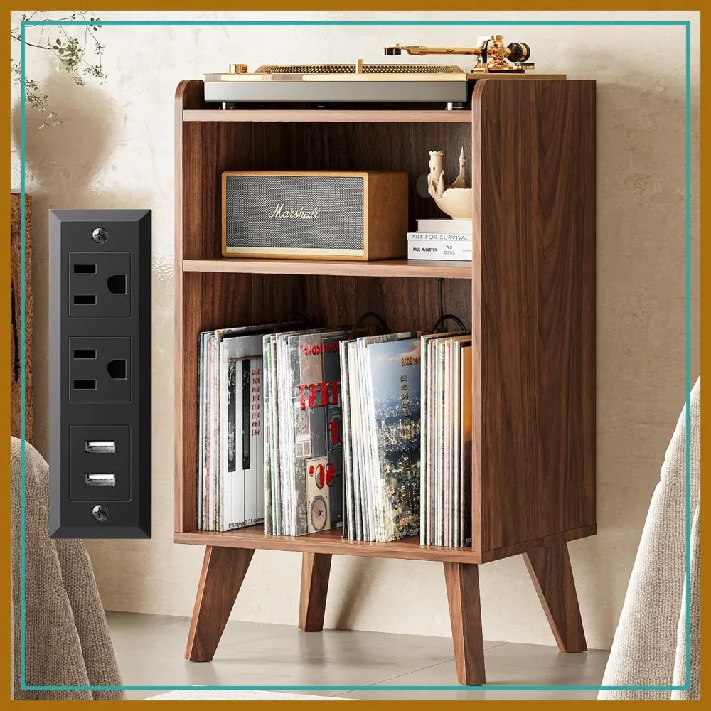 

Turntable Stand with Record Storage, Charging Station & USB Ports, Metal Divider, Holds 160 Albums for Living Room Bedroom