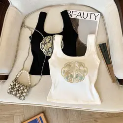 New Chinese-style Small Suspender Tank Top with Bra Pad Summer Short Embroidered Vest Undershirt Bottom Top