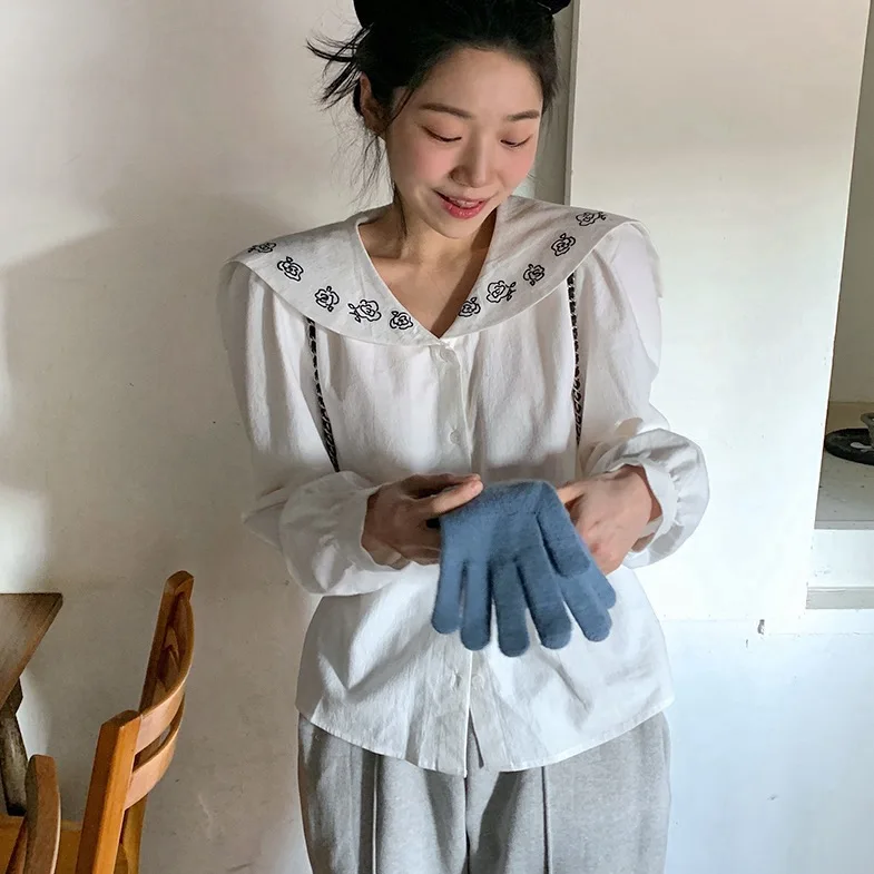 

New Sweet Large Collar Embroidered Flower Bubble Sve irt Women's Loose Fit Long Sve Casual irt Versatile Sle