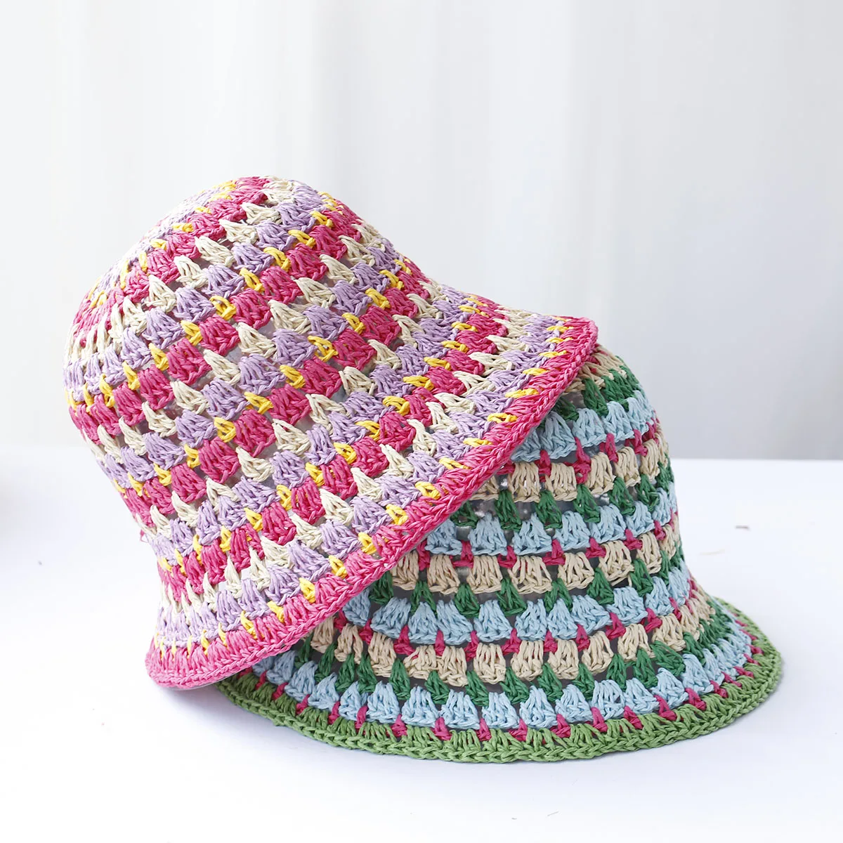 2024 New fashion Style bucket hat Multicolor Foldable Sun Crochet Hat For Beach, Travel And Vacation handmade straw hat